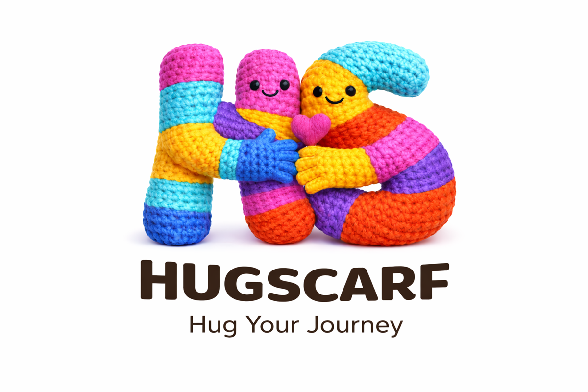 Hugscarf brand artwork: colorful knitted characters embracing.