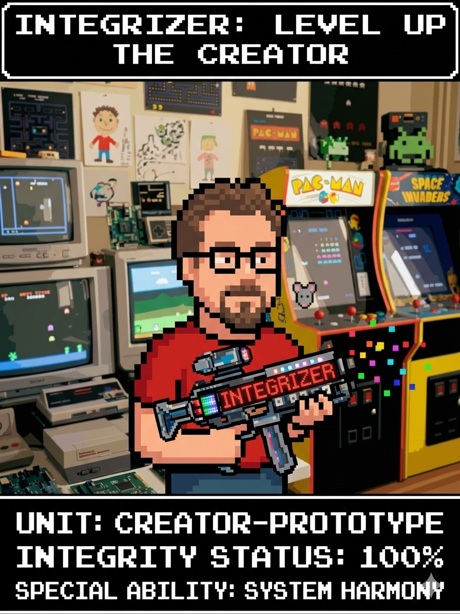 Pixel-art character poster of Michael Novoselov in 16-bit retro game style. Bearded man in glasses and red shirt holding the INTEGRIZER device, standing in a room of classic arcade cabinets — Pac-Man, Space Invaders. Top banner reads INTEGRIZER: LEVEL UP THE CREATOR. Bottom panel: UNIT — CREATOR-PROTOTYPE; INTEGRITY STATUS — 100%; SPECIAL ABILITY — SYSTEM HARMONY. The character is a UX Expert at Check Point SASE, specializing in cybersecurity, data visualization and AI agent design, based in Tel Aviv-Yafo.